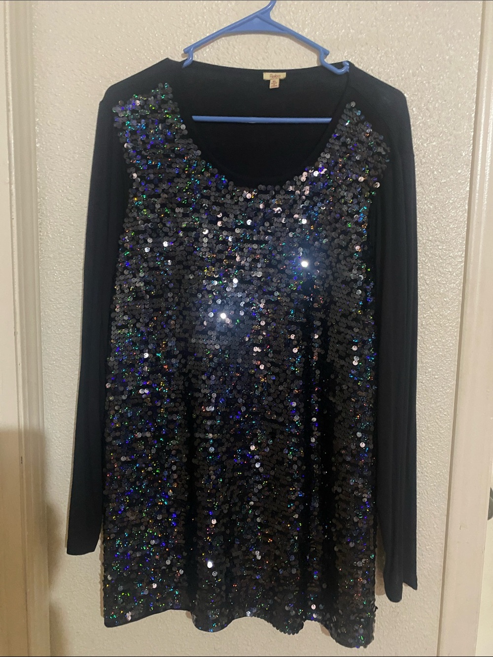 Reba Black Long-Sleeve Sequin Front Top